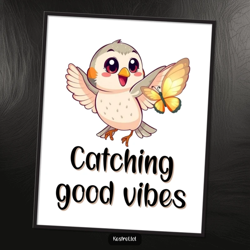 Funny Free Printable Wall Art showing a happy kestrel with big eyes playfully chasing a shimmering butterfly.