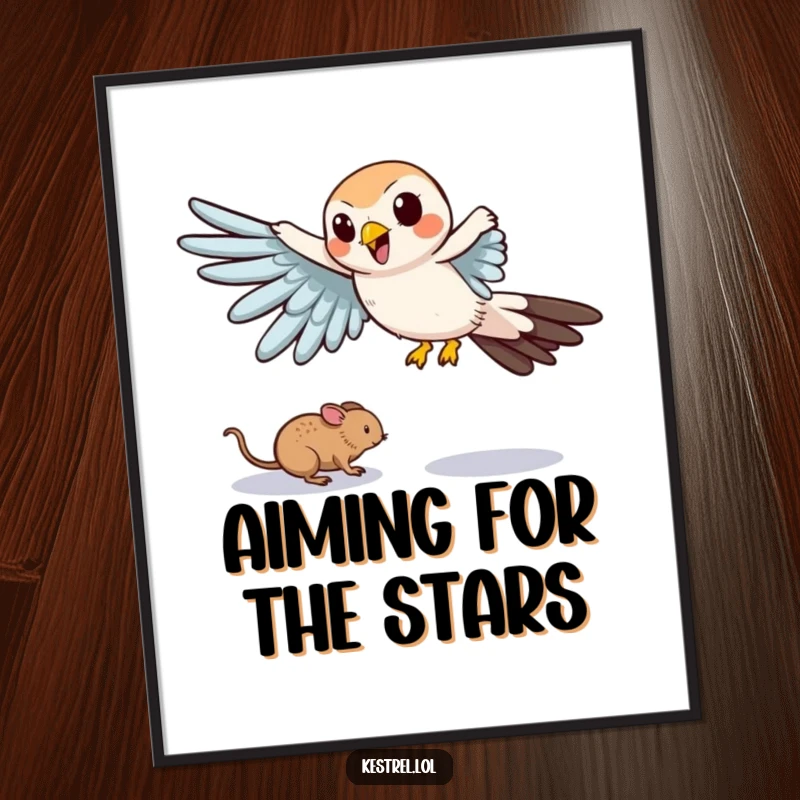 Funny Free Printable Wall Art showing a cartoon kestrel comically swooping towards a tiny mouse.