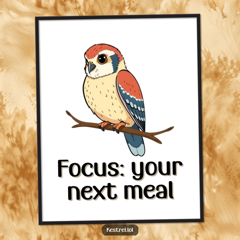 Funny Free Printable Wall Art showing a determined kestrel perched intently on a branch, radiating focus and humor.