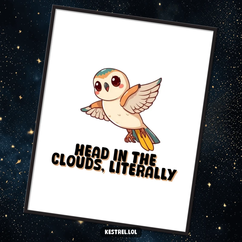 Funny Free Printable Wall Art: A curious kestrel character tilts its head mid-flight with wonder.