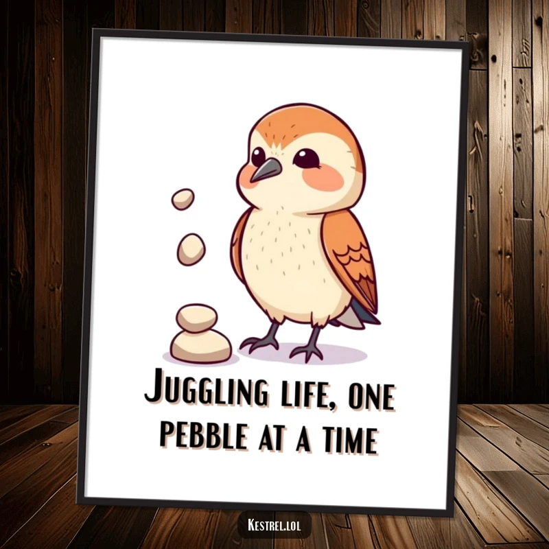 Funny Free Printable Juggling Kestrel Wall Art: A kestrel comically juggles three small pebbles.