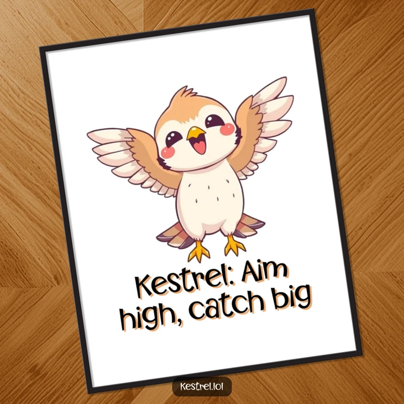 Funny Free Printable Wall Art: A joyful kestrel character celebrating a successful catch with its wings spread wide in elation.