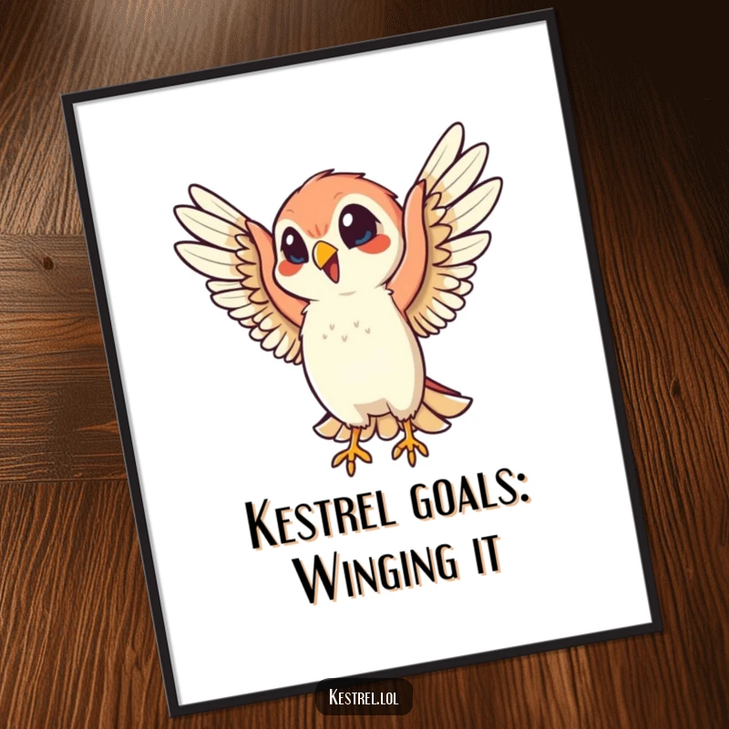 Funny Free Printable Wall Art: Cheerful Kestrel energetically flapping wings, vibrant and humorous downloadable decor.