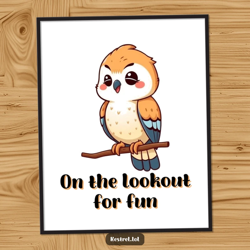 Funny Free Printable Wall Art: A winking kestrel character playfully scouts from a high perch, observing all with humor.