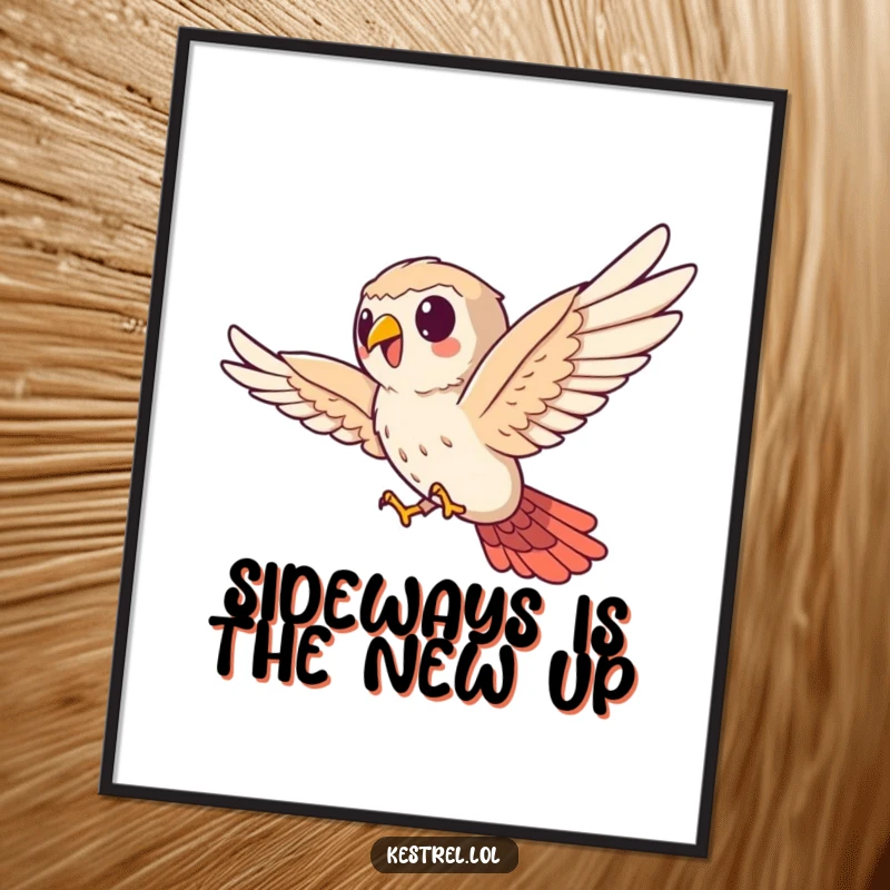 Funny Free Printable Kestrel Wall Art: Cute kestrel character caught in a comical sideways flight.