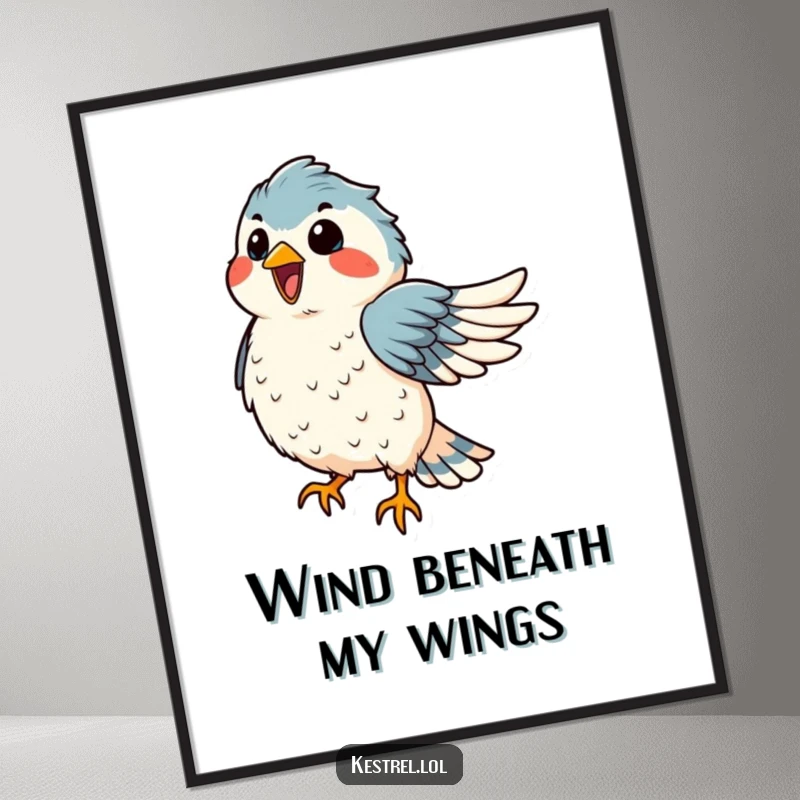 Funny Free Printable Wall Art depicting a delighted kestrel with ruffled feathers, appearing to dance freely in the wind.