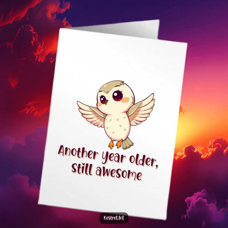 Funny Free Printable Birthday Card: A curious kestrel hovering mid-air, eyes wide with wonder, ready to deliver birthday wishes.