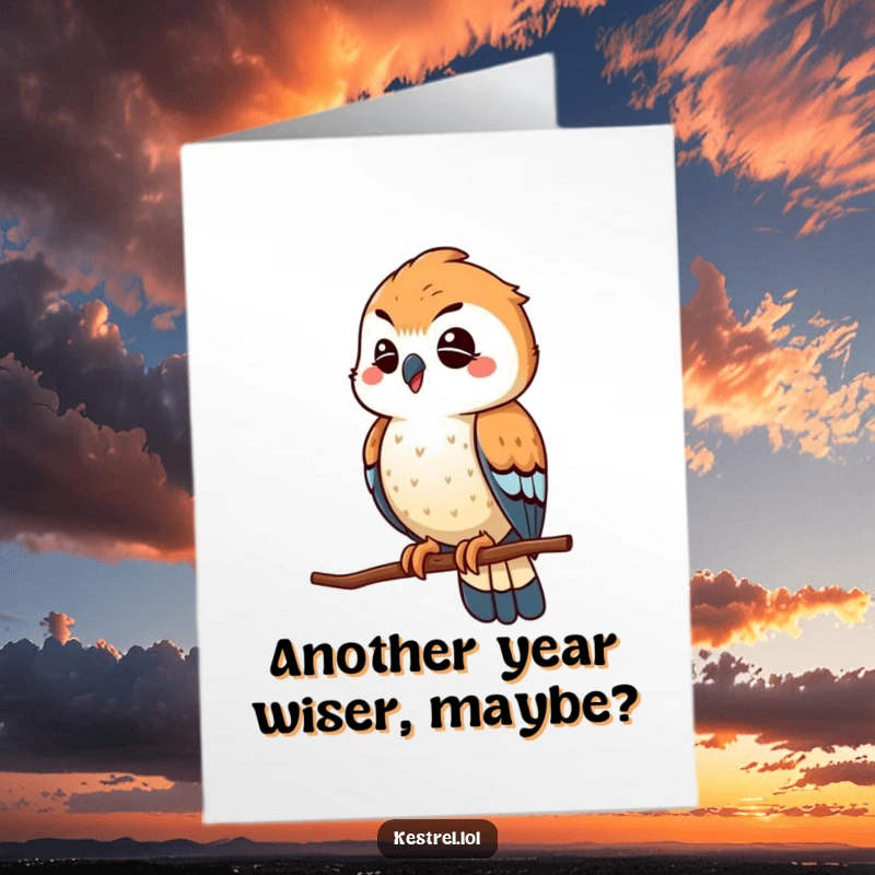 Funny Free Printable Birthday Card: A winking kestrel character playfully scouts from its high perch, looking sharp.