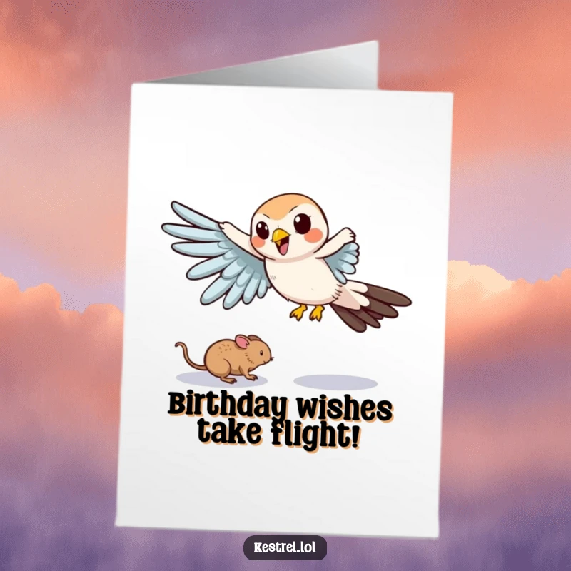 Funny Free Printable Birthday Card featuring a cartoon kestrel comically swooping towards a tiny mouse.