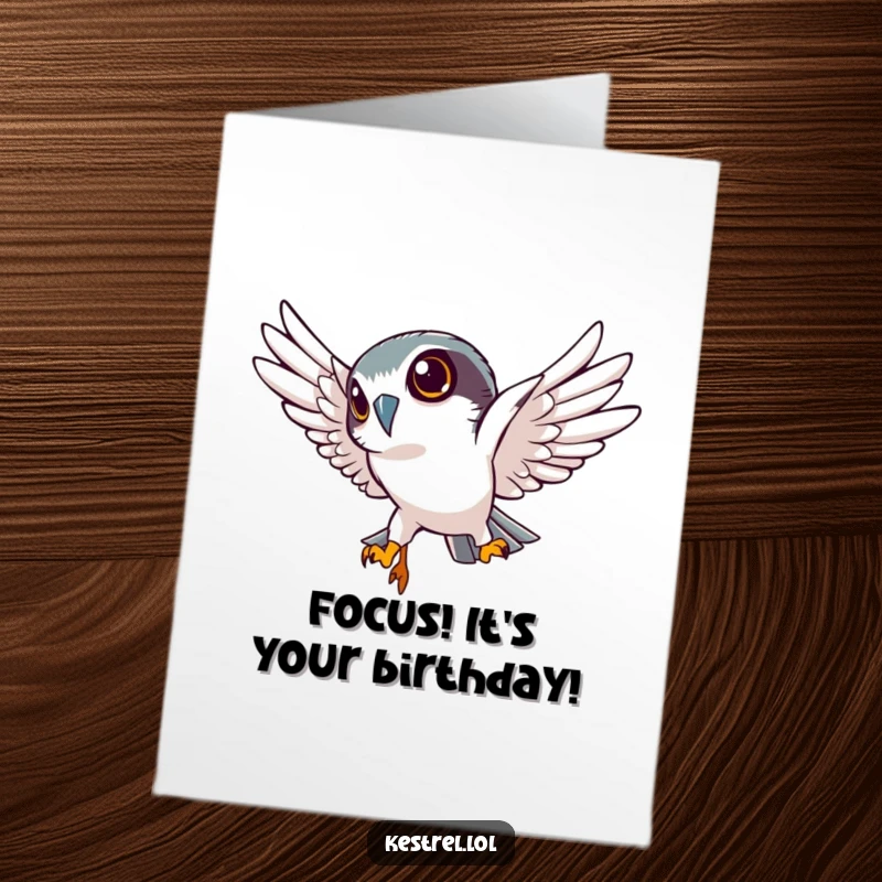 Funny Free Printable Birthday Card featuring a determined kestrel diving sharply, eyes focused, delivering birthday wishes with precision.