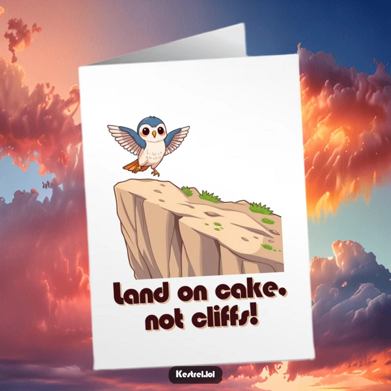 Funny Free Printable Birthday Card: Focused kestrel character landing gracefully on a cliff edge, perfect for a precise birthday wish.