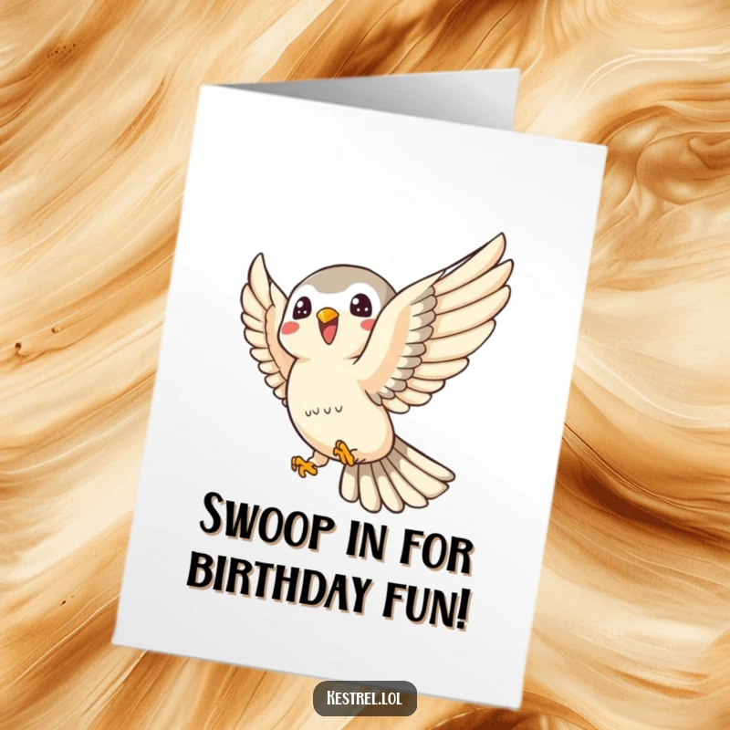 Funny Free Printable Birthday Card: A kestrel joyfully loops and swoops through the air with glee.