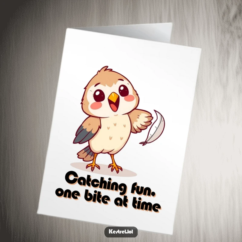 Funny Free Printable Birthday Card: A cheerful kestrel comically attempting to catch a falling feather with playful effort.