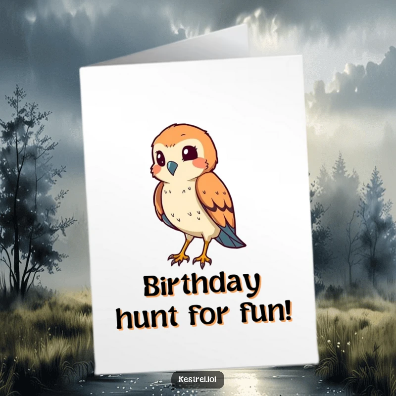 Funny Free Printable Birthday Card: smiling kestrel in a hunting pose, squinting slightly, ready to deliver birthday fun.