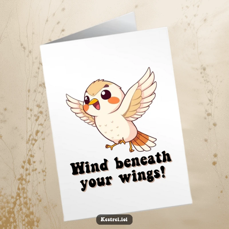 Funny Free Printable Birthday Card: A giggling kestrel character joyfully hovers in the wind, bringing airborne cheer.