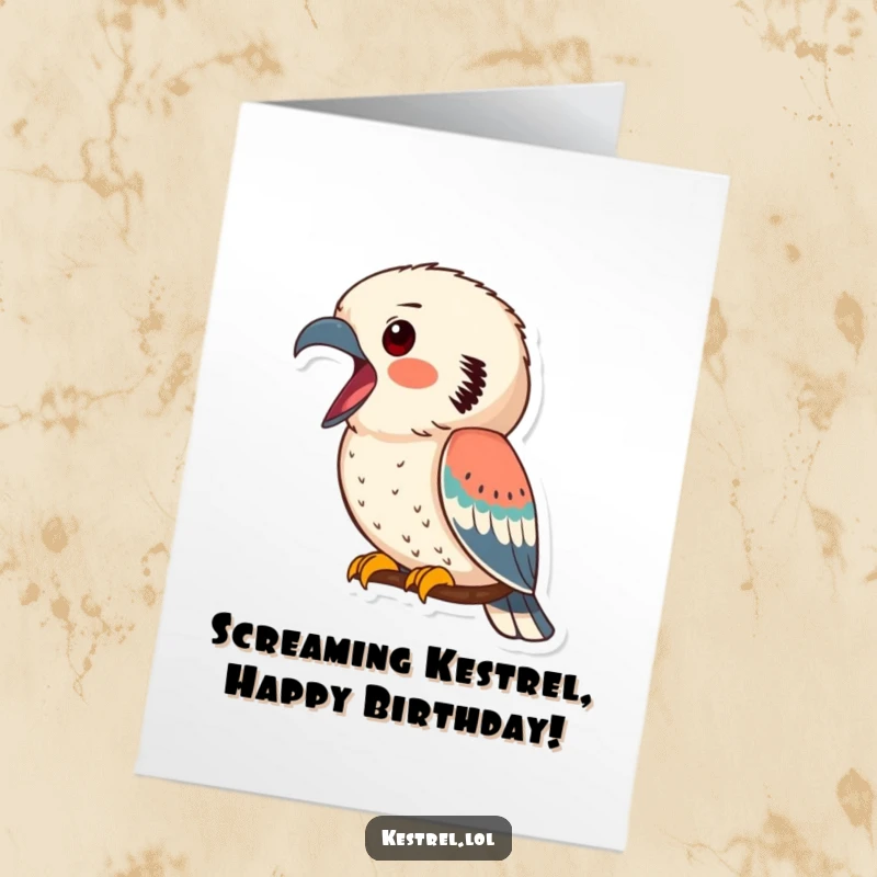 Funny Free Printable Kestrel Birthday Card: Bird with beak wide open, enthusiastically calling out a birthday greeting.