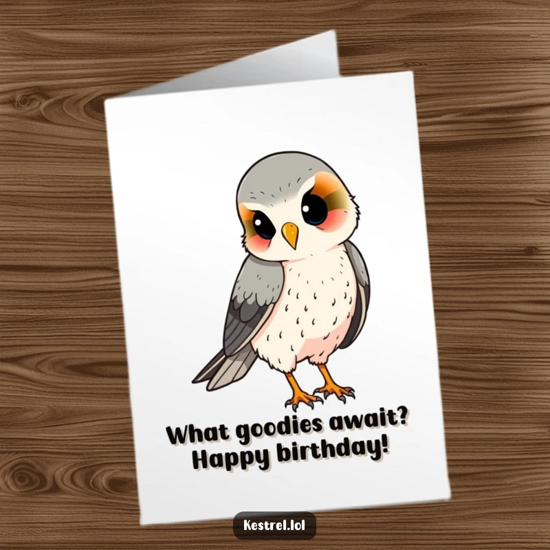 Funny Free Printable Birthday Card: A curious kestrel tilts its head, eyes wide, observing the birthday fun with intrigue.