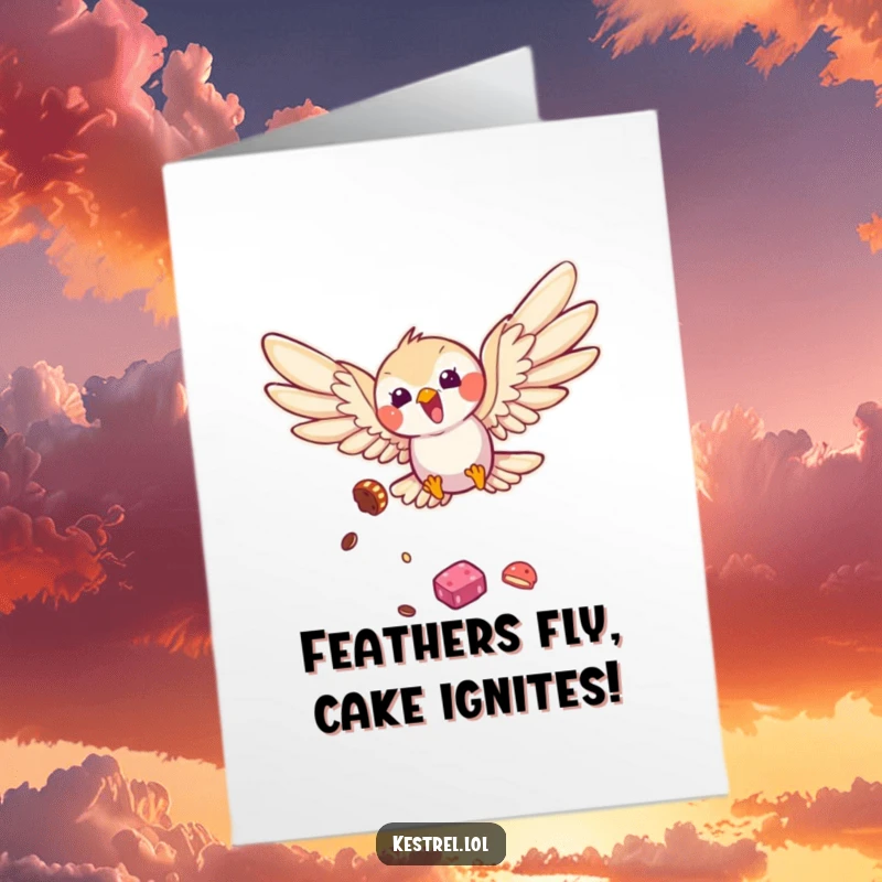 Funny Free Printable Kestrel Birthday Card: Bird diving with outstretched wings for a treat, perfect for a joyful celebration.