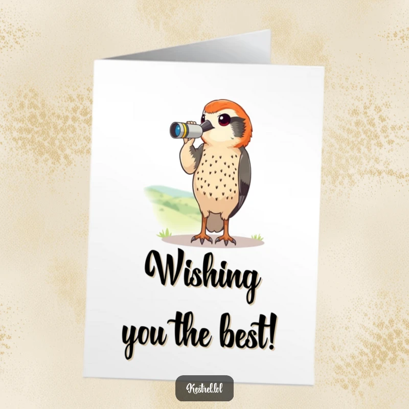 Funny Free Printable Birthday Card: Kestrel with tiny binoculars curiously scans a landscape, finding birthday fun.
