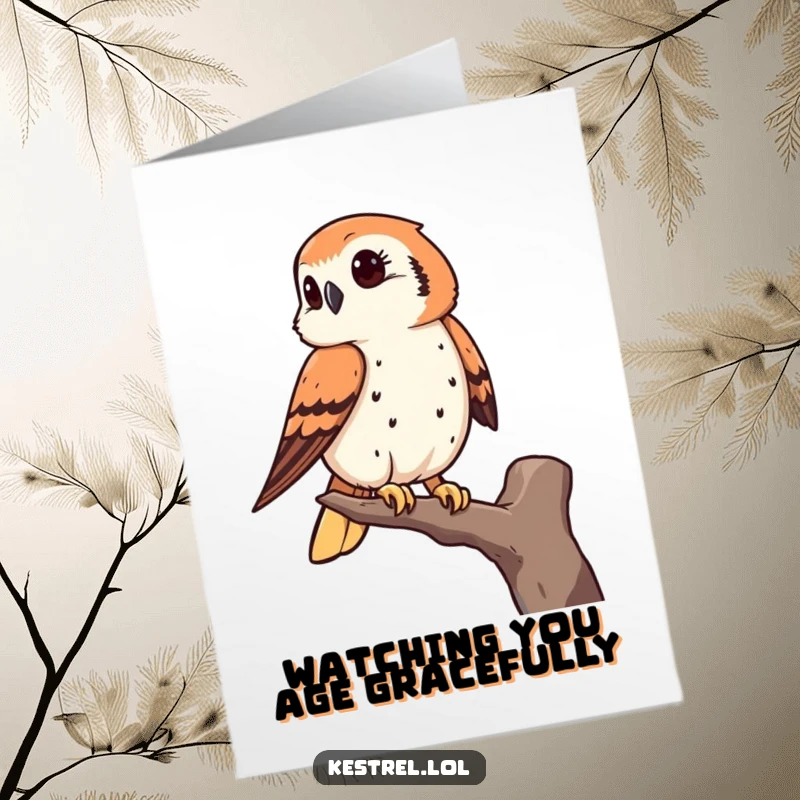 Funny Free Printable Kestrel Birthday Card: Kestrel perched high, observing keenly with sharp eyes, ready to wish you a happy birthday.