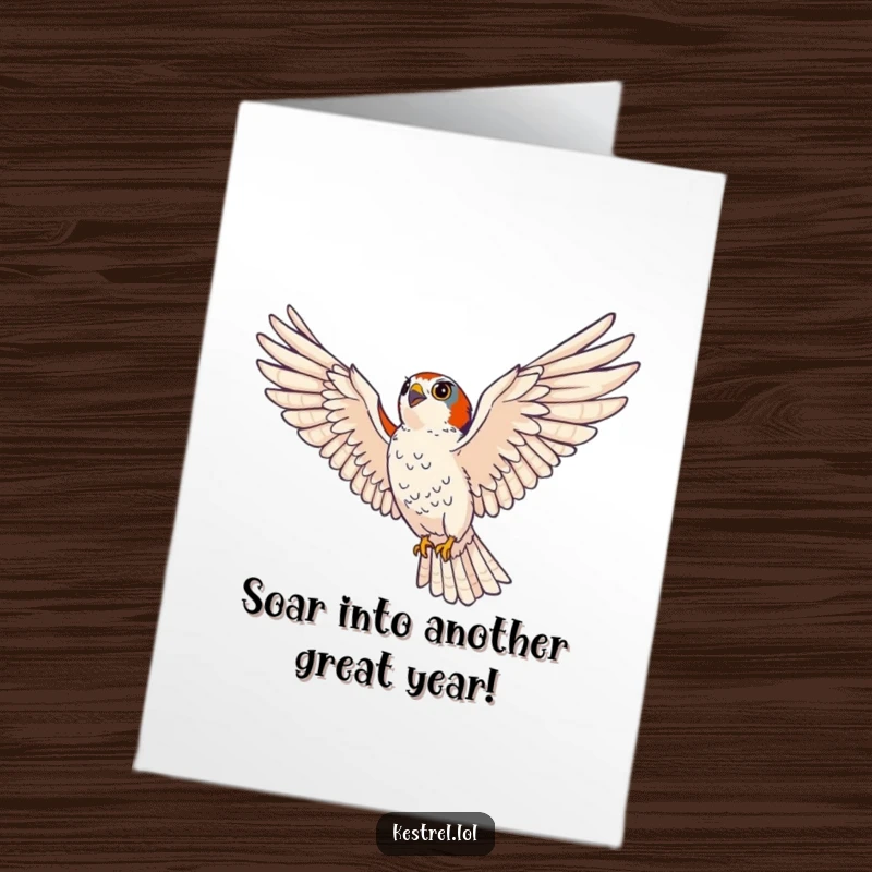 Funny Free Printable Birthday Card featuring a kestrel soaring majestically with wings spread wide, eyes scanning the horizon.