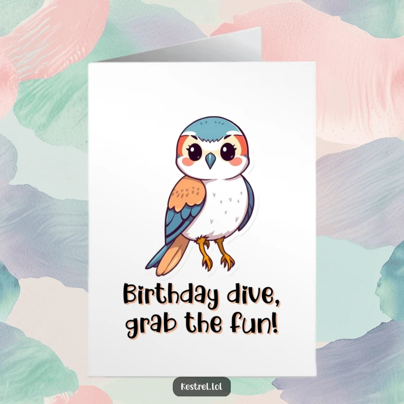 Funny Free Printable Kestrel Birthday Card featuring a stylized hawk swooping downwards with wings tucked, bringing energetic birthday wishes.
