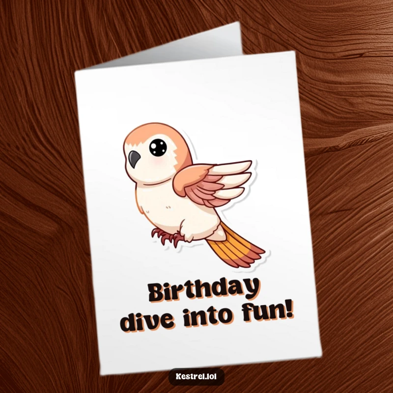 Funny Free Printable Birthday Card featuring a kestrel character in a swift, steep dive with wings tucked in.