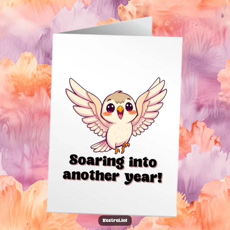 Funny Free Printable Birthday Card: A smiling kestrel character eagerly soars with outstretched wings, radiating joy.