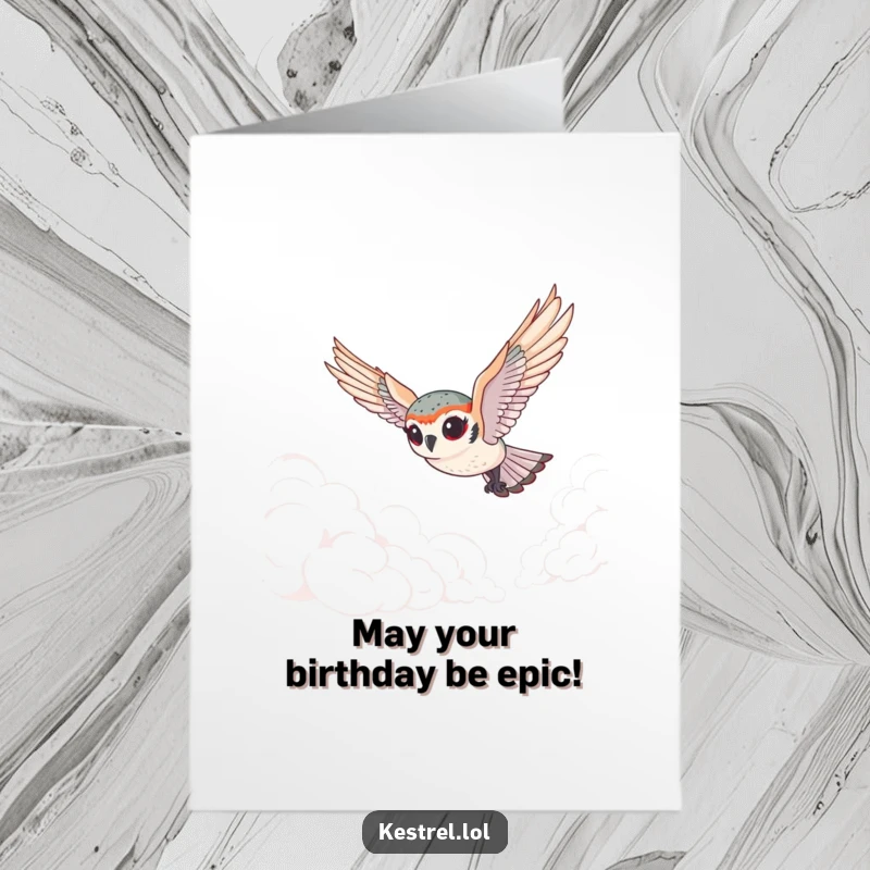 Funny Free Printable Birthday Card featuring a tiny kestrel with exaggerated eyes diving gracefully through fluffy clouds.