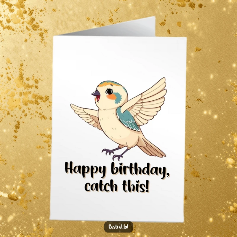 Funny Free Printable birthday card: A happy kestrel catches a gentle breeze, enjoying a relaxed birthday.