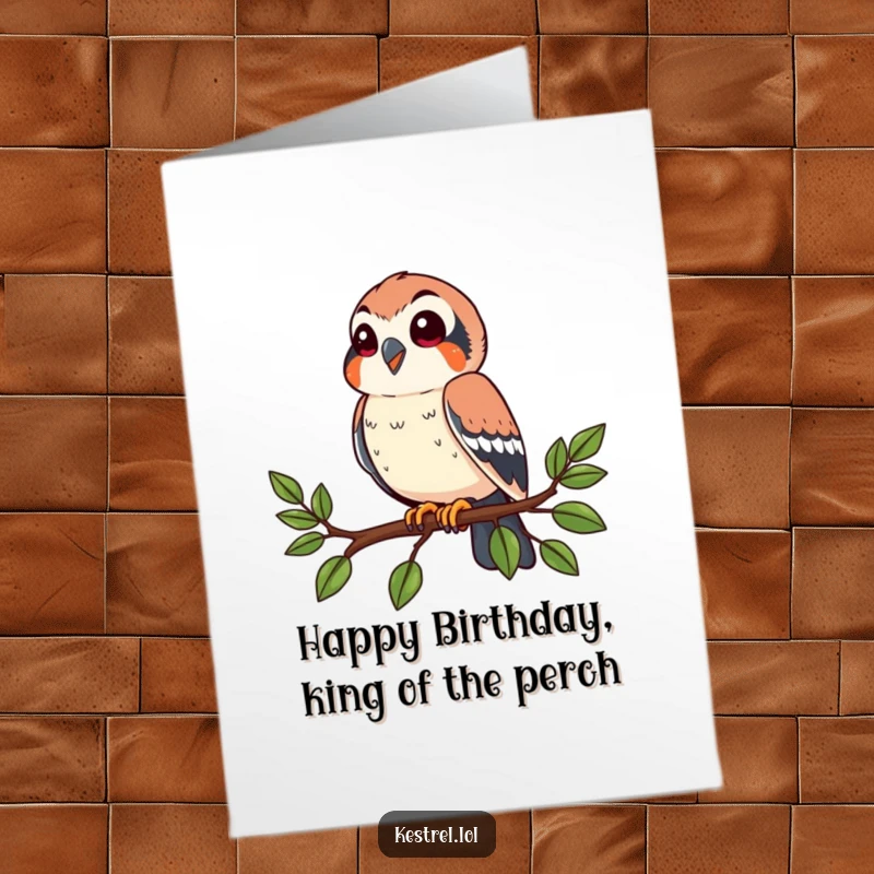 Funny Free Printable Birthday Card: A happy kestrel character perched alertly on a stylized branch, looking curiously outwards.