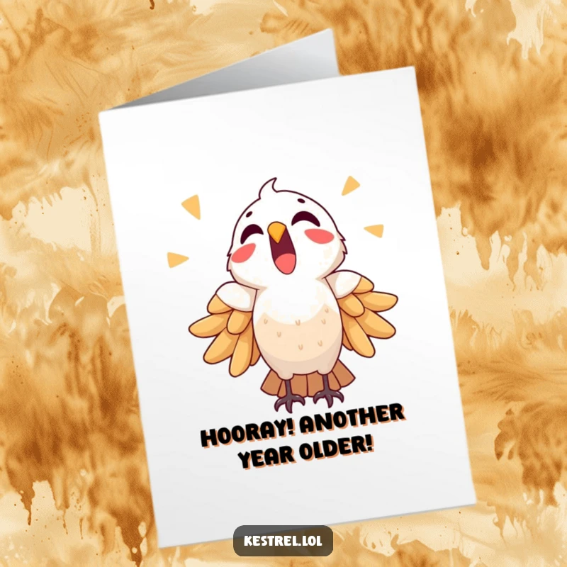 Funny Free Printable Birthday Card: Cheerful kestrel letting out a loud, triumphant cry with mouth open wide.