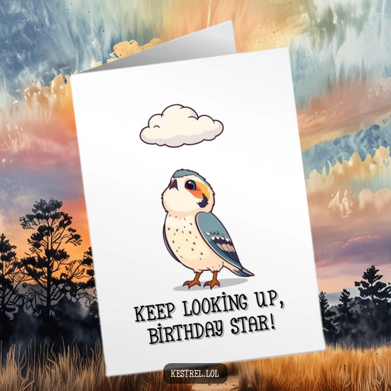 Funny Free Printable Birthday Card featuring a curious kestrel character gazing upwards at a fluffy passing cloud.