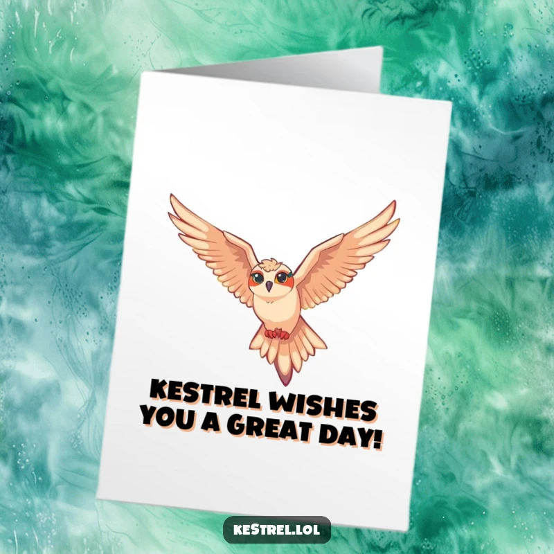 Funny Free Printable Birthday Card: Kestrel character soaring with joy on air currents, perfect for a humorous greeting.