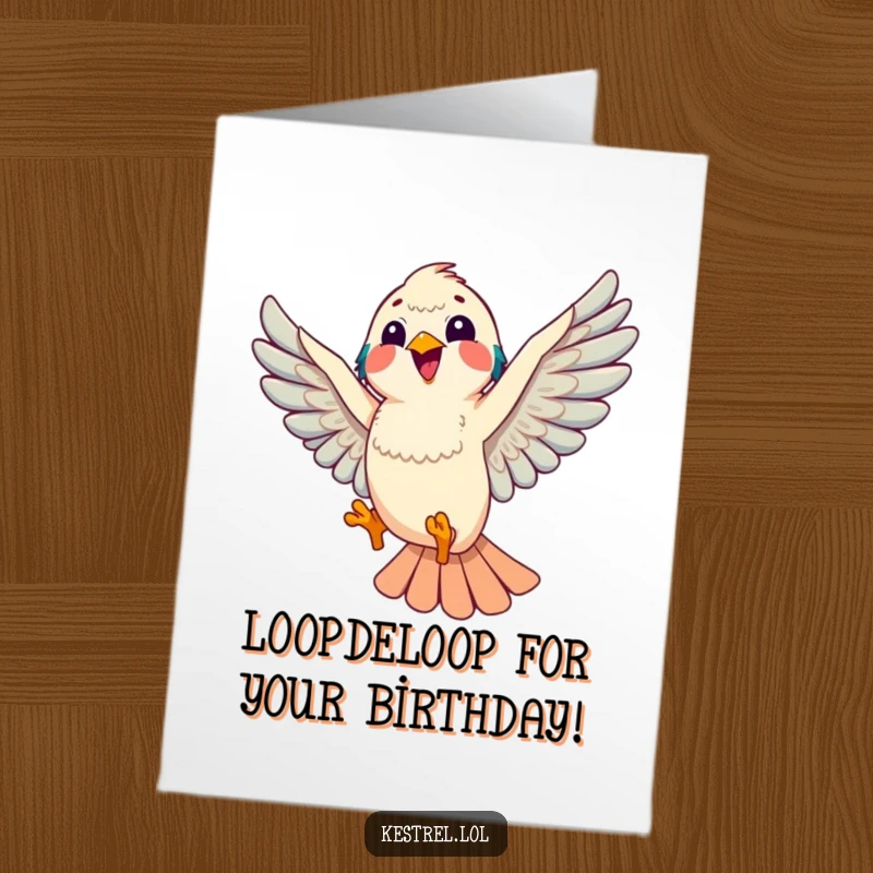 Funny Free Printable Birthday Card: Joyful kestrel character doing a playful aerial loop with happy energy.