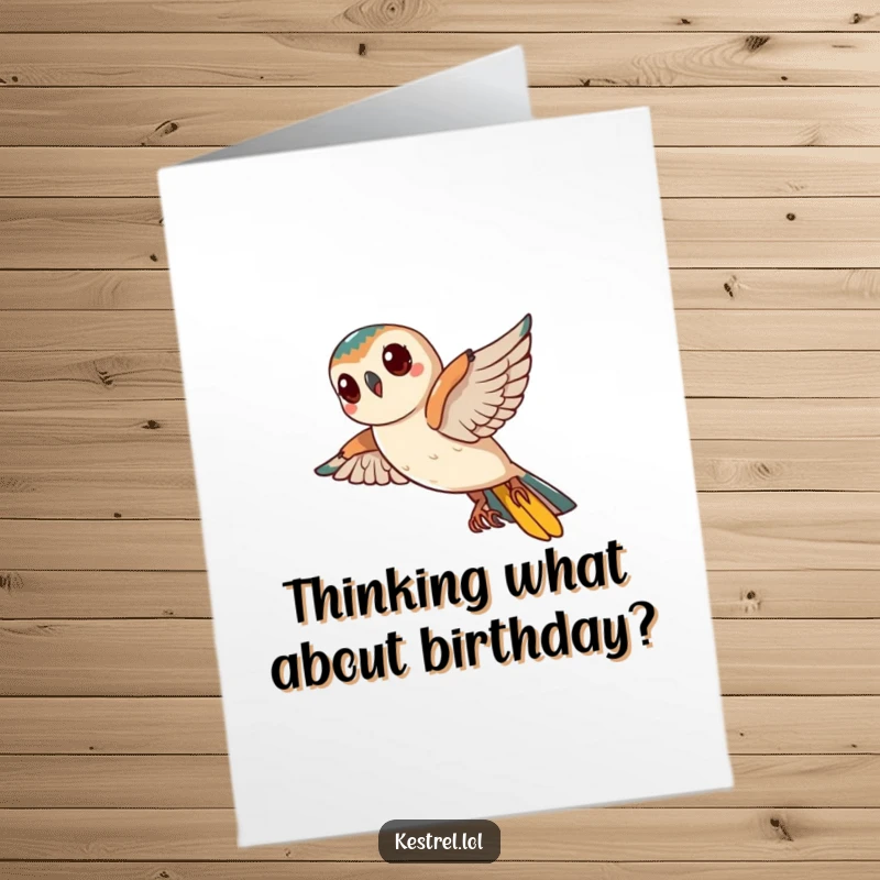 Funny Free Printable Birthday Card: A curious kestrel tilts its head mid-flight, wondering about birthday fun.