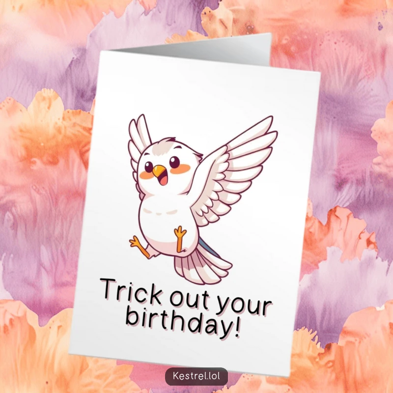 Funny Free Printable Kestrel Birthday Card: Joyful kestrel performing an impressive aerial trick.