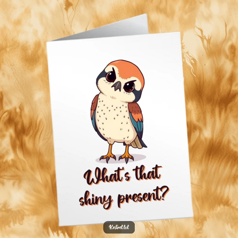 Funny Free Printable Kestrel Birthday Card: Kestrel with head tilted, sharp eyes peering down, questioning the birthday cake's ingredients.