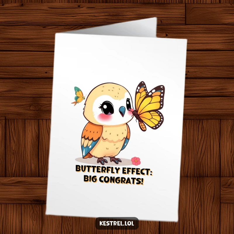 Funny Free Printable Congrats Card: A smiling kestrel observes a butterfly with gentle curiosity and delight.