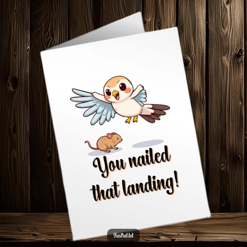 Funny Free Printable Congratulations Card of a cartoon kestrel comically swooping towards a tiny mouse.