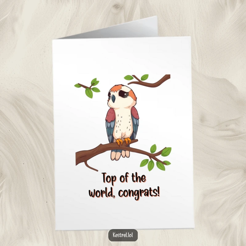 Funny Free Printable Congrats Card: Kestrel perched proudly atop a high branch, observing success.
