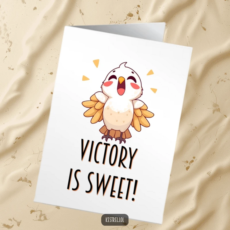 Funny Free Printable Congratulations Card: Cheerful kestrel triumphantly crying out, celebrating their well-deserved victory.