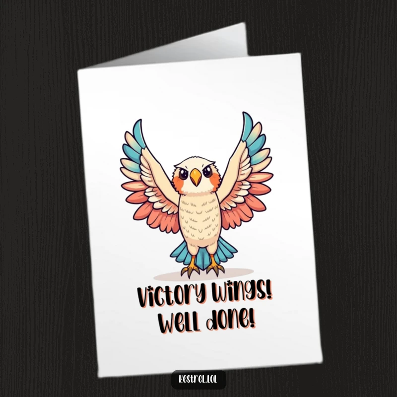 Funny Free Printable Congrats Card: Triumphant kestrel character raising wings, symbolizing ultimate victory and celebration.