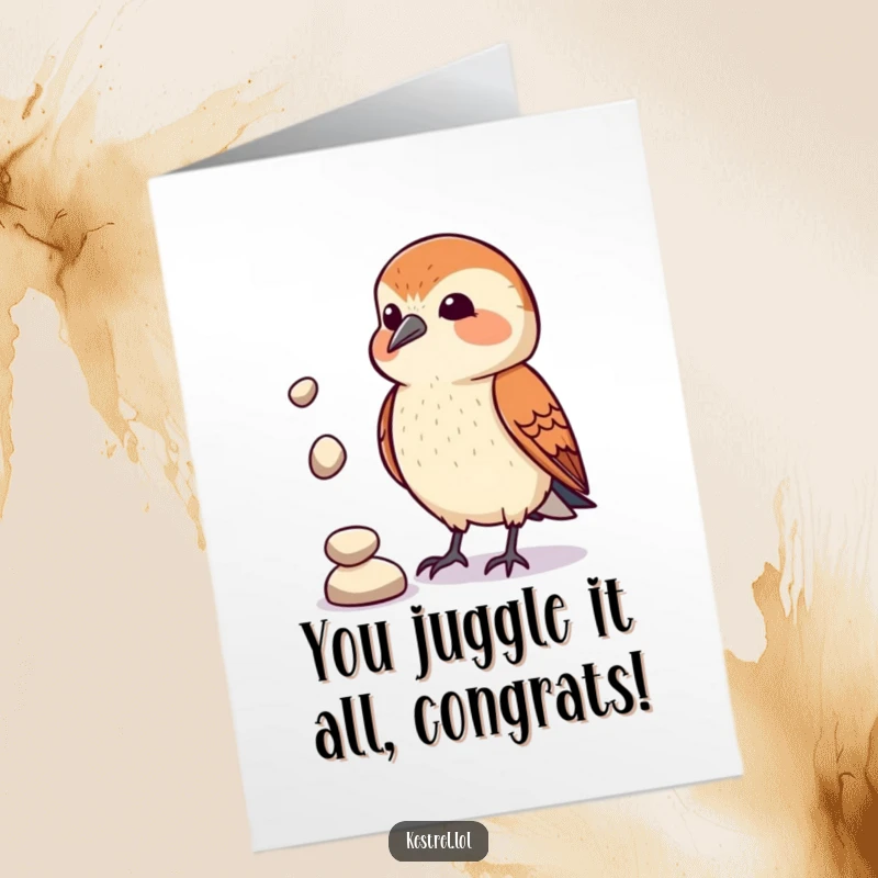 Funny Free Printable Juggling Kestrel Congrats Card: A kestrel comically juggles three pebbles.
