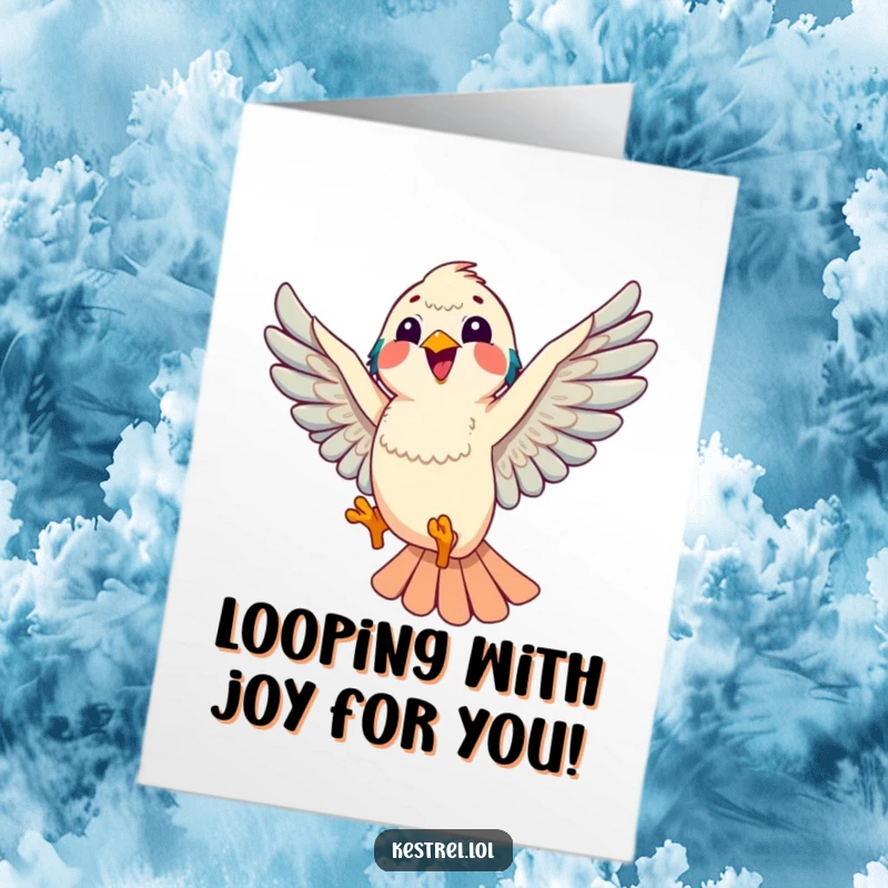 Funny Free Printable Congratulations Card: Joyful kestrel character doing a playful aerial loop, celebrating achievement.