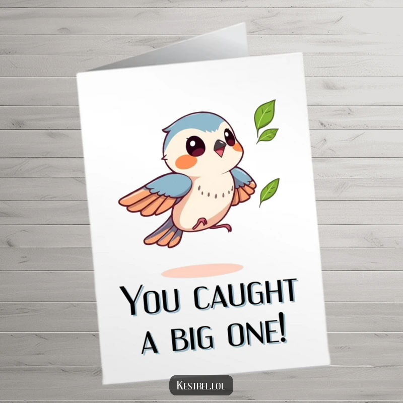 Funny Free Printable Kestrel Congratulations Card: Kestrel playfully chasing a fluttering leaf, celebrating joy and lightheartedness.