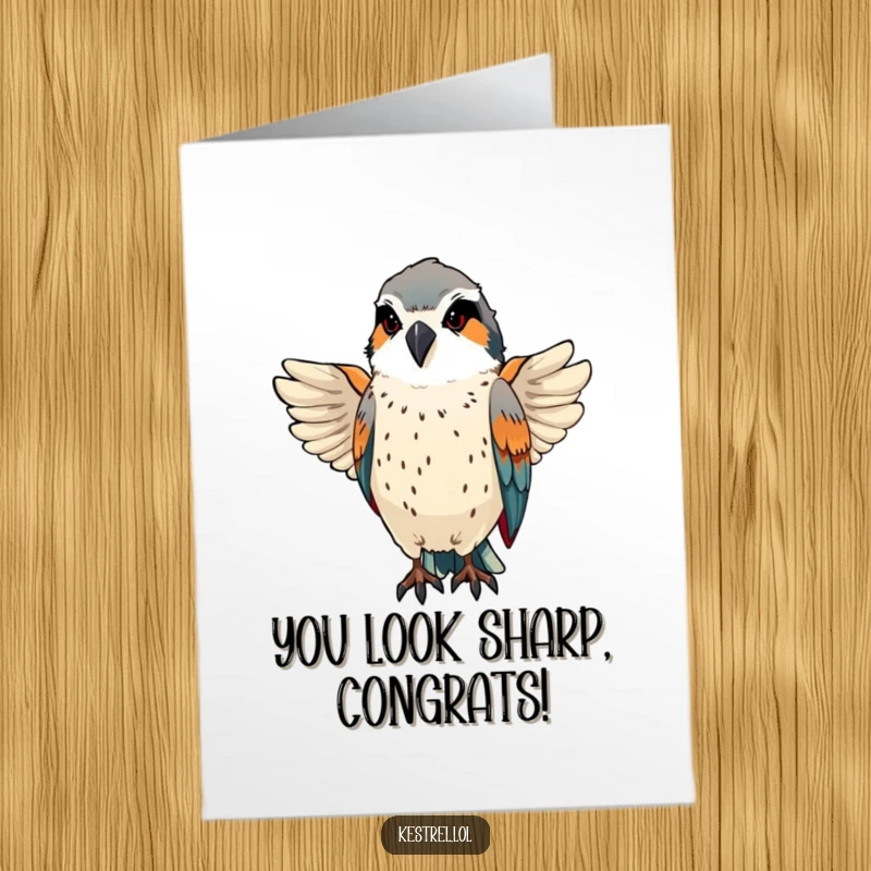 Funny Free Printable Kestrel Congrats Card: Proud kestrel preening, showcasing its sleek feathers after a magnificent victory, looking ever so smug.