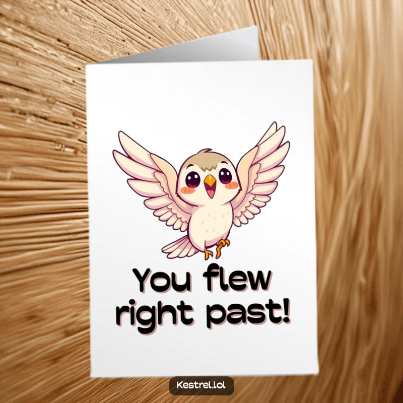 Funny Free Printable Congratulations Card: A smiling kestrel character eagerly soars with outstretched wings, celebrating victory.