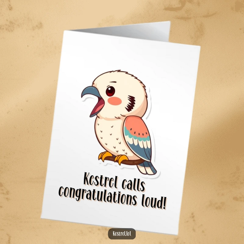 Funny Free Printable Kestrel Congratulations Card: Kestrel with beak open, celebrating a victory with a loud, happy call.