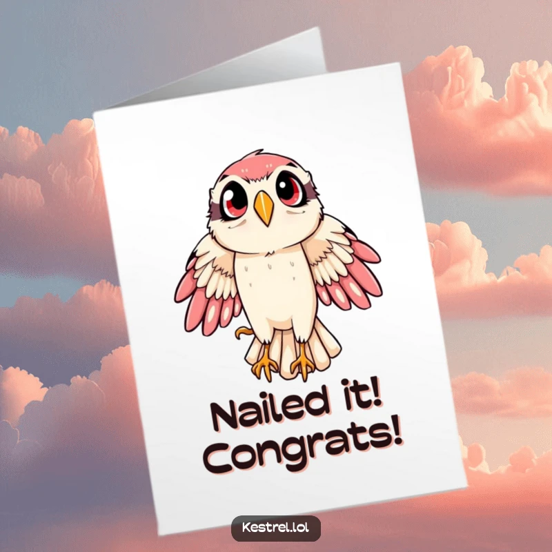 Funny Free Printable Kestrel Congratulations Card: Energetic kestrel swooping down with wide eyes, celebrating their success with a wild dive.